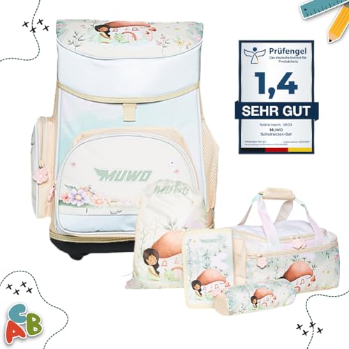 MUWO Kinder Schulranzen Set 5tlg. ergonomischer Leichter Schulrucksack mit Sporttasche, Turnbeutel, Federmappe, nur 920 Gramm (Fee Design) von MUWO