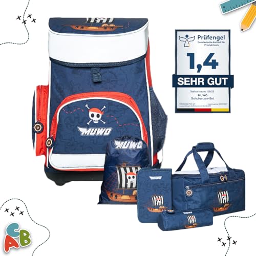 MUWO Kinder Schulranzen Set 5tlg. ergonomischer Leichter Schulrucksack mit Sporttasche, Turnbeutel, Federmappe, nur 920 Gramm (Pirat Design) von MUWO