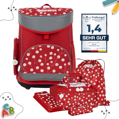 MUWO Kinder Schulranzen Set 5tlg. ergonomischer Leichter Schulrucksack mit Sporttasche, Turnbeutel, Federmappe, nur 920 Gramm (Blumen Design) von MUWO