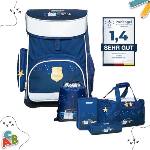 MUWO Kinder Schulranzen Set 5tlg. ergonomischer Leichter Schulrucksack mit Sporttasche, Turnbeutel, Federmappe, nur 920 Gramm (Polizei Design) von MUWO