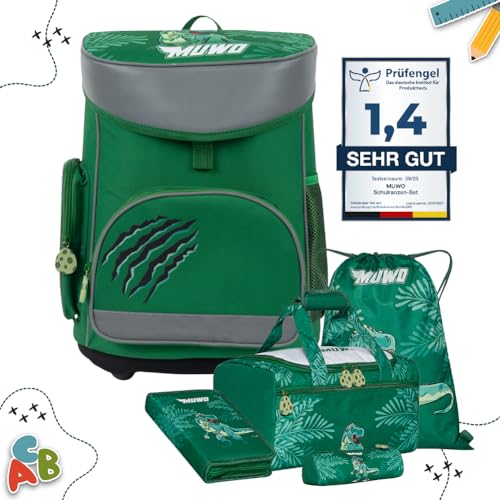 MUWO Kinder Schulranzen Set 5tlg. ergonomischer leichter Schulrucksack mit Sporttasche, Turnbeutel, Federmappe, nur 920 gramm (Dinosaurier Design) von MUWO