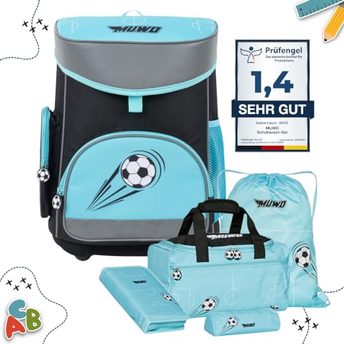 MUWO Kinder Schulranzen Set 5tlg. ergonomischer leichter Schulrucksack mit Sporttasche, Turnbeutel, Federmappe, nur 920 gramm (Fußball Design) von MUWO