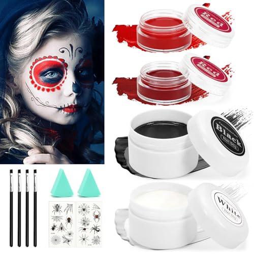 Halloween Schminke Set Halloween Make Up für Erwachsene Kinder, Halloween Schminke Schwarz Weiß Rot Face Paint, Schminke Halloween Set für Vampir Zombie Skelett Clown Schminke Theaterschminke von MUXIWOM
