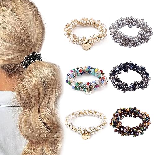 Haargummi Damen, MUYAPAY 6 Stücke Haarschmuck Scrunchies Kristall Damen, Pferdeschwanz haar accessoire, Haargummis mit Perlen, Elastischer Haargummi für Frauen und damen, Scrunchies Perlen Strass von MUYAPAY
