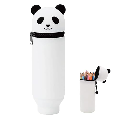 MUYAPAY Federmäppchen Stiftbehälter 2 in 1 Weiches Silikon-Federmäppchen, Süße Tiere Lächelnd Panda Tischstifthalter Teleskopisch Federmappe Kinder Schule Home Office Supplies (Typ A) von MUYAPAY