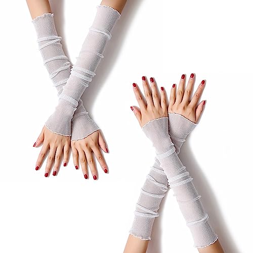 MUYDZ 2 Paar lange Armstulpen für Damen, mit Spitzen-Mesh-Tüll, kühlend und wärmend, Doppelzweck-Sonnenärmel für Damen, Mädchen, Weiss/opulenter Garten, Einheitsgröße von MUYDZ