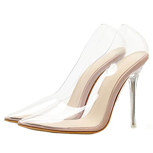 10 cm Damen Spitzschuh Transparent High Heel Pumps Damen Clear Slip on Stiletto Fashion Dress Pumps Schuhe,Apricot,38 EU von MUYEY
