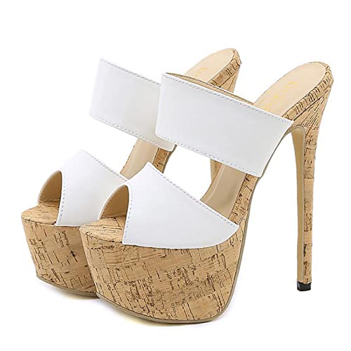 15,5 cm Hausschuhe Damen Platform High Heel Stiletto Knöchelriemen Open Toe Damen Sandalen,Weiß,42 EU von MUYEY