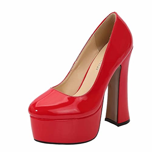 Damen High Heels, 14 cm Dicker Absatz Slip on Stiletto Pumps Geschlossene Zehenschuhe High Heel Plateau Pumps Große Größe Unisex,Rot,38 EU von MUYEY