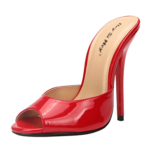 MUYEY 13 cm Damen Herren High Heels Hausschuhe Peep Toe Backless Stiletto Slip on Sandalen Party Schuhe Für Party Club Prom Schuhe Große Sandalen,Red2,42 von MUYEY