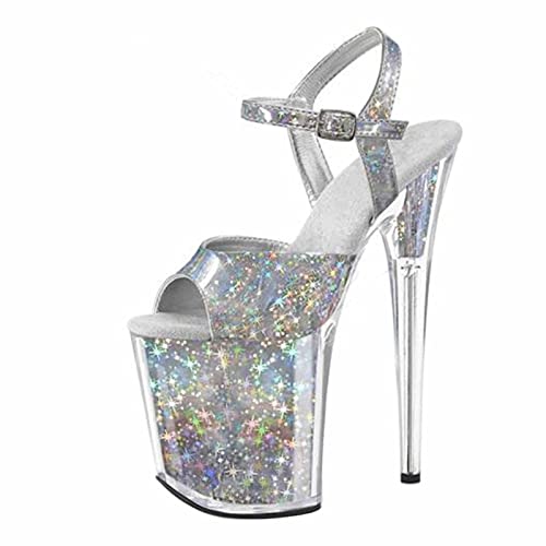 MUYEY Große Größe 20 cm / 7.87In Pumps Damen Sexy Plateau Pole Dance High Heel Sandalen Glitzer Stripper,Silber,33 EU von MUYEY