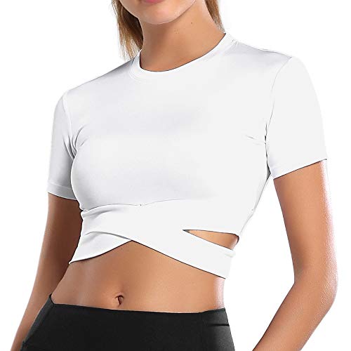 MUYOGRT Damen Crop Tops Sportshirt Langarm Bauchfrei Oberteile Atmungsaktiv Schnell trocknend T-Shirts Rundhals Cross Wrap Sexy Top Shirt Sports Yoga Training Gym T-Shirts von MUYOGRT