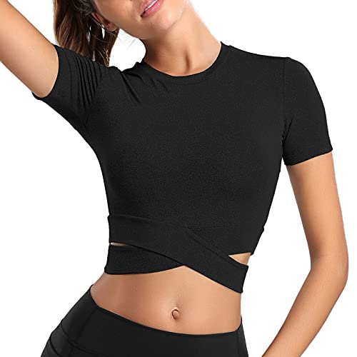 MUYOGRT T-Shirt Damen Sportshirt Kurzarm Crop Top Sexy Sport Oberteil Bauchfreie Sommer Laufshirt Funktionsshirt Atmungsaktiv Leicht Yoga Fitness Shirts Schnelle Trockene Sporttop(Schwar，L) von MUYOGRT