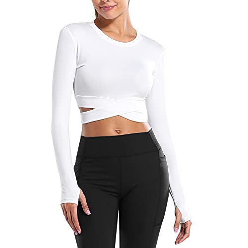 MUYOGRT T-Shirt Damen Sportshirt Langarm Crop Top Sexy Sport Oberteil Bauchfreie Sommer Laufshirt Atmungsaktiv Sporttop Leicht Yoga Fitness Shirts Schnelle Trockene Funktionsshirt von MUYOGRT