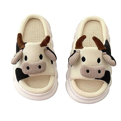 MUYOGRT Kuh Hausschuhe Damen Herren - Niedliche Tier Hausschuhe mit Dicker Sohle, Lustig Cartoon Cow Slippers, Weiche Rutschfeste Kawaii Linen Slides Drinnen Draußen von MUYOGRT