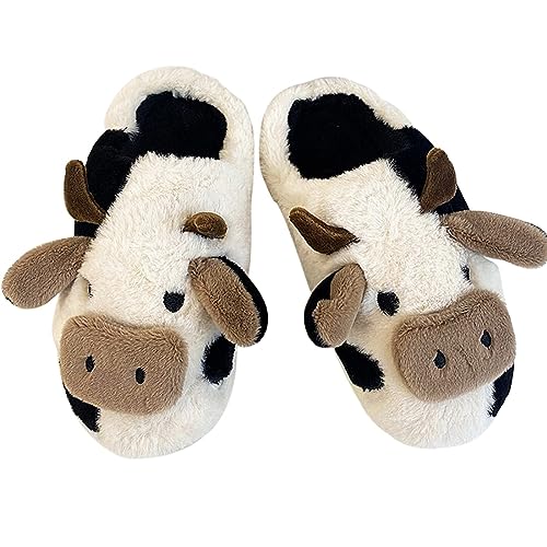 MUYOGRT Kuh Hausschuhe Plüsch Damen - Warme Lustig Hausschuhe Tiere Damen, Winter Flauschige Hausschuhe Cow Slippers, Weiche Rutschfeste Cartoon Pantoffeln für Drinnen und Draußen von MUYOGRT