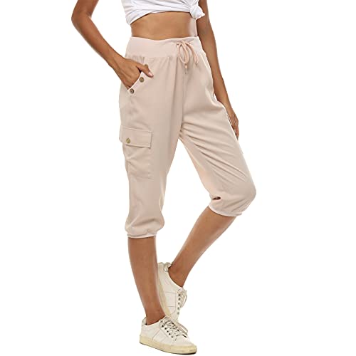 MUYOGRT Caprihose Damen 3/4 Jogginghose Sporthose Sommerhose Sweathose Shorts Elegant Einfarbig Baggy Elastischen Kordelzug Freizeithosen mit Tashen von MUYOGRT