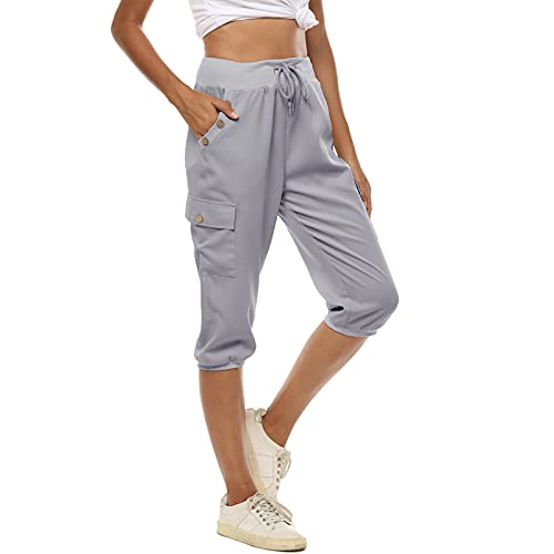 MUYOGRT Caprihose Damen 3/4 Jogginghose Sporthose Sommerhose Sweathose Shorts Elegant Einfarbig Baggy Elastischen Kordelzug Freizeithosen mit Tashen von MUYOGRT