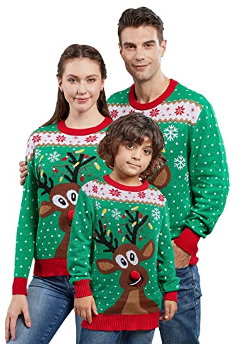 MUYOGRT Weihnachtspullover Familie Set Pullover Weihnachten Rentier Elch Strickpullover Winter Christmas Sweater Rundhals Strick Pulli Klassischer Retro Sweatshirt(Grün02,Kinder，L) von MUYOGRT