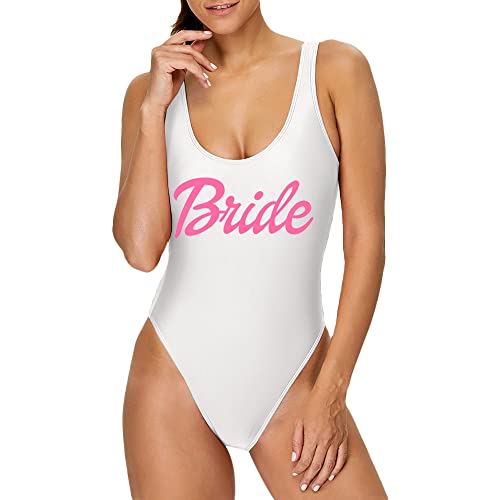 MUZHI Braut Retro Einteiler Badeanzug Wifey Squad Bademode Abnehmbare Pad Badeanzug für Brautparty Geschenk, Braut-weiß-PK, S von MUZHI