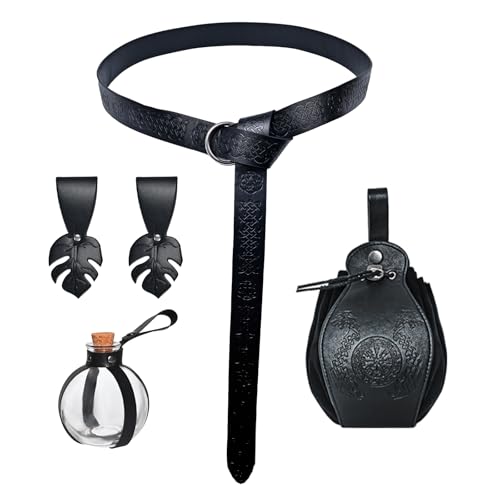 Halloween Nekromanten Anzug, Mittelalter Kleidung Zubehör, Wikinger Kleidung, Mittelalter Gürtel mit Beutel, FläSchchen, GüRtelschlaufe, für Cosplay Hexe KostüM ZubehöR (Schwarz) von MVFEUIJ