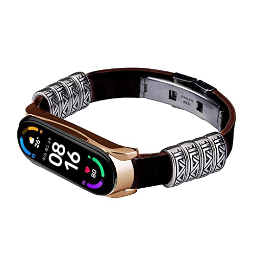 Armband Kompatibel für Mi Band 5/Mi Band 6, MVRYCE 160mm-200mm Ersatz PU-Lederband mit Retro Prägeelement Verstellbares Sportarmband Zubehörband (Schwarz-Roségold) von MVRYCE