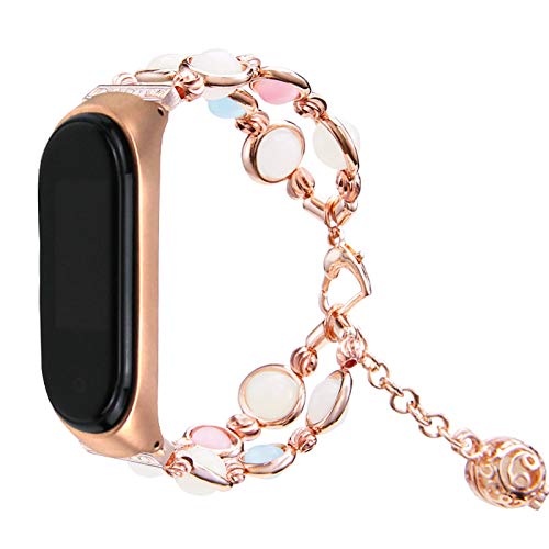 MVRYCE Armband für Mi Band 7 Damen, Handmade Luminous Pearl Ersatzarmband für Damen Verstellbares Uhrenarmbänder Armband aus Metall mit elastischer Perle Kompatibel mit Mi Band 7 (Roségold) von MVRYCE