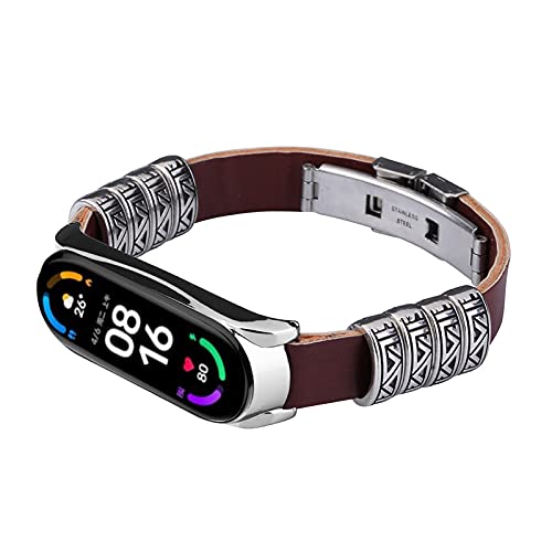 Mi Band 5 Armband, MVRYCE 160mm-200mm PU-Lederband mit Retro Prägeelement Verstellbares Ersatzarmband Zubehörband Kompatibel für Mi Band 5/Mi Band 6 (Braun-Silber) von MVRYCE