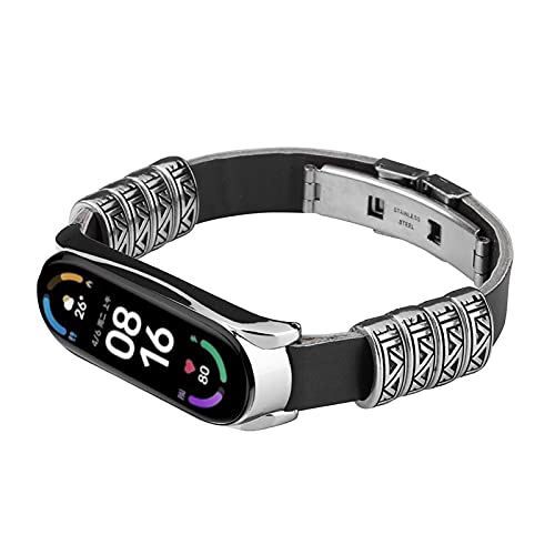 Mi Band 6 Armband, MVRYCE 160mm-200mm Ersatz PU-Lederband mit Retro Prägeelement Verstellbares Sportarmband Zubehörband Kompatibel für Mi Band 5/Mi Band 6 (Schwarz-Silber) von MVRYCE