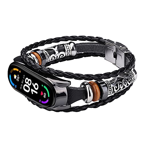 Mi Band 6 Armband, MVRYCE Retro Geflochtenes Seil Ersatzband mit Metallschnalle, Perlenelement DIY Verstellbares Armband Uhrenzubehör Armband Kompatibel mit Mi Band 5/Mi Band 6 (A01) von MVRYCE