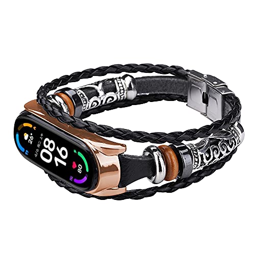 MVRYCE Mi Band 6 Uhrenarmband, Retro Geflochtenes Seil Ersatzband mit Metallschnalle, Perlenelement DIY Verstellbares Armband Uhrenzubehör Armband Kompatibel mit Mi Band 5/Mi Band 6 (A02) von MVRYCE