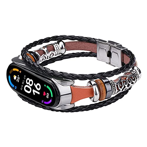 Mi Band 5 Uhrenarmband, MVRYCE Retro Geflochtenes Seil Ersatzband mit Metallschnalle, Perlenelement DIY Verstellbares Armband Uhrenzubehör Armband Kompatibel mit Mi Band 5/Mi Band 6 (A06) von MVRYCE