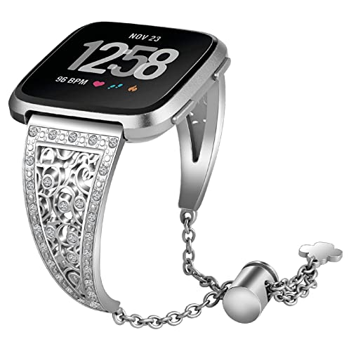 MVRYCE Versa 3 Uhrenarmband, Bling Strasssteine ??Ersatzarmband Damen Edelstahl Zubehörarmband mit Verstellbarem Verschluss Kompatibel für Sense/Versa 3 Smart Watch (Silber) von MVRYCE