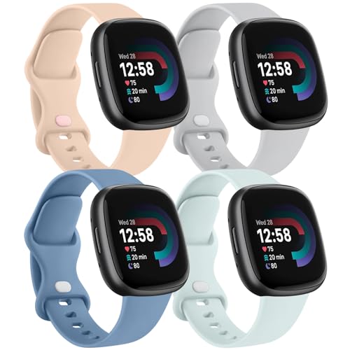 MVSSAT Armbänder kompatibel mit Fitbit Versa 4 / Fitbit Sense 2, weiches Silikon, Sportbänder, Ersatzbänder, Zubehör für Männer und Frauen (S, Himmelblau + Cyan + Hellgrau + Aprikosenrosa) von MVSSAT