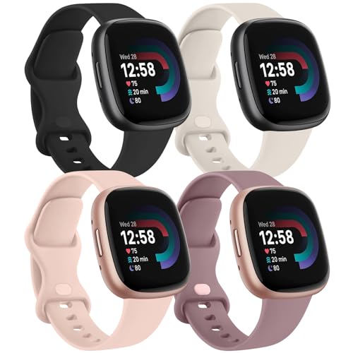 MVSSAT Armbänder kompatibel mit Fitbit Versa 4 / Fitbit Sense 2, weiches Silikon, Sportbänder, Ersatzbänder, Zubehör für Männer und Frauen (groß, Schwarz + Sternenlicht + Rauchviolett + Rosa) von MVSSAT