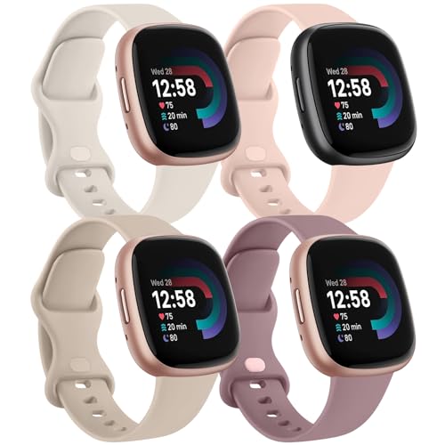 MVSSAT Armbänder kompatibel mit Fitbit Versa 4 / Fitbit Sense 2, weiches Silikon, Sportbänder, Ersatzbänder, Zubehör für Männer und Frauen (groß, Sternenlicht + Rauchviolett + Milchtee + Rosa) von MVSSAT