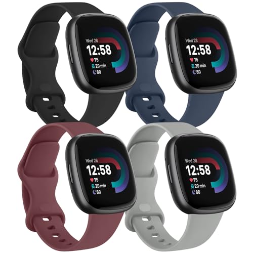 MVSSAT Armbänder kompatibel mit Fitbit Versa 4 / Fitbit Sense 2, weiches Silikon, Sportbänder, Ersatzbänder, Zubehör für Männer und Frauen (klein, Schwarz + Weinrot + Marineblau + Grau) von MVSSAT