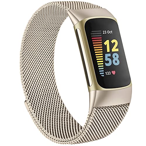 MVSSAT Metallbänder, kompatibel mit Fitbit Charge 5, für Damen und Herren, verstellbarer Edelstahl-Magnetverschluss, atmungsaktives Mesh-Armband (Champagner-Gold) von MVSSAT