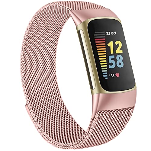 MVSSAT Metallbänder, kompatibel mit Fitbit Charge 5, für Damen und Herren, verstellbarer Edelstahl-Magnetverschluss, atmungsaktives Mesh-Armband (Rosa) von MVSSAT