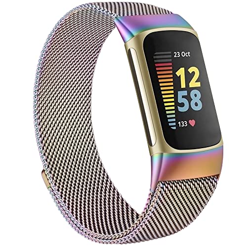 MVSSAT Metallbänder, kompatibel mit Fitbit Charge 5, für Damen und Herren, verstellbarer Edelstahl-Magnetverschluss, atmungsaktives Mesh-Armband (bunt) von MVSSAT