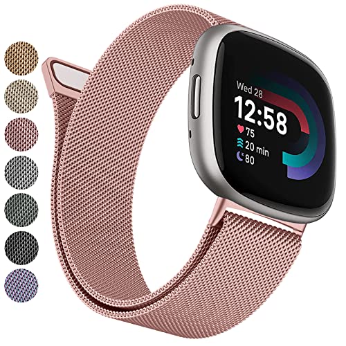 MVSSAT Metallbänder, kompatibel mit Fitbit Versa 4/Sense 2, Uhrenarmbänder für Damen und Herren, Edelstahl-Mesh-Armband mit verstellbarem Magnetverschluss (groß, Rose Pink) von MVSSAT