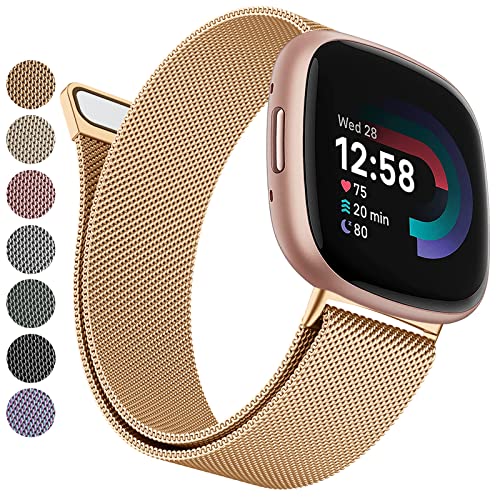 MVSSAT Metallbänder, kompatibel mit Fitbit Versa 4/Sense 2, Uhrenarmbänder für Damen und Herren, Edelstahl-Mesh-Armband mit verstellbarem Magnetverschluss (groß, Roségold) von MVSSAT