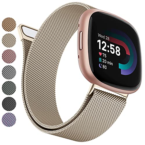 MVSSAT Metallbänder, kompatibel mit Fitbit Versa 4/Sense 2, Uhrenarmbänder für Damen und Herren, Edelstahl-Mesh-Armband mit verstellbarem Magnetverschluss (klein, Champagner) von MVSSAT