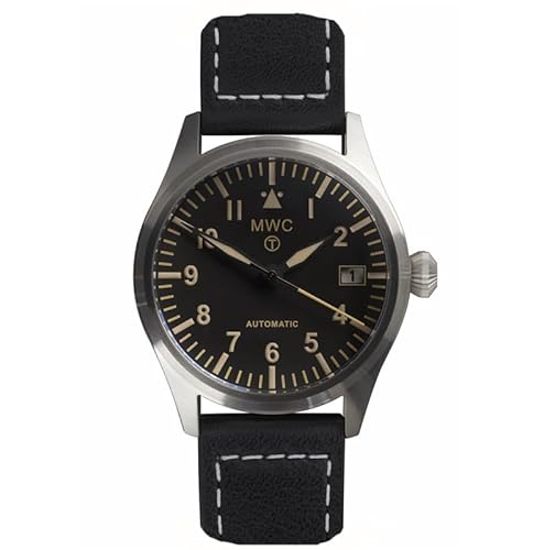MWC Classic 40 Aviator Automatikuhr Stahl Schwarz Datum Leder Saphir Militär Herrenuhr, Schwarz , Armband von MWC
