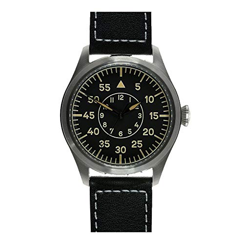 MWC Classic 46 mm Limited Edition XL Luftwaffe Vintage Bernstein Automatik Stahl Schwarz Militär Leder Pilot Herren Uhr von MWC