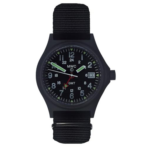 MWC GMT (Dual Time Zone) Quarz Stahl Datum Stoff PVD Schwarz Herrenuhr, Armband von MWC