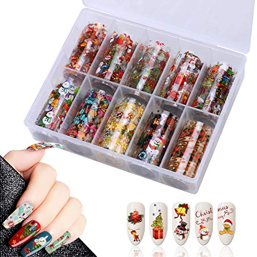 10 Rollen Holographic Nail Art Foil Sticker Decals,MWOOT Christmas Nagel Transfer Aufkleber Sternenhimmel Nail Wraps Transferfolie Aufkleber Kit(1,57Zoll x 39,37Zoll/ 4cm x 100cm) von MWOOT