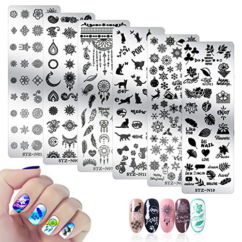 6Pcs Nail Stamping Plate, Mwoot Nail Art Plates Nagelstempel Maniküre Tool Kit, Feather Cat Christmas Snowflake Nagel Stamping Schablonen von MWOOT