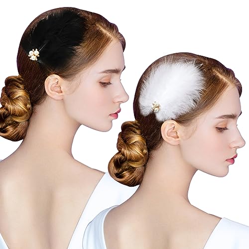 MWOOT 2 Stück Feder Haarschmuck, Fascinators Haarspangen Schwarz Weiß, 1920er Damen Kopfschmuck für Hochzeit Abschlussball Teeparty, FederKopfschmuck Haarclips zum Tanzen Aufführung Frisuren Zubehör von MWOOT