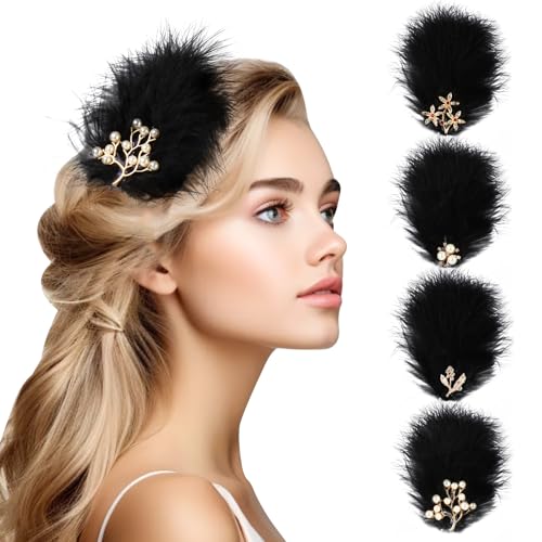 MWOOT 4 Pieces Feder Schwarz Fascinator Damen, Pearl Styler Black Feather Hair Clip von MWOOT